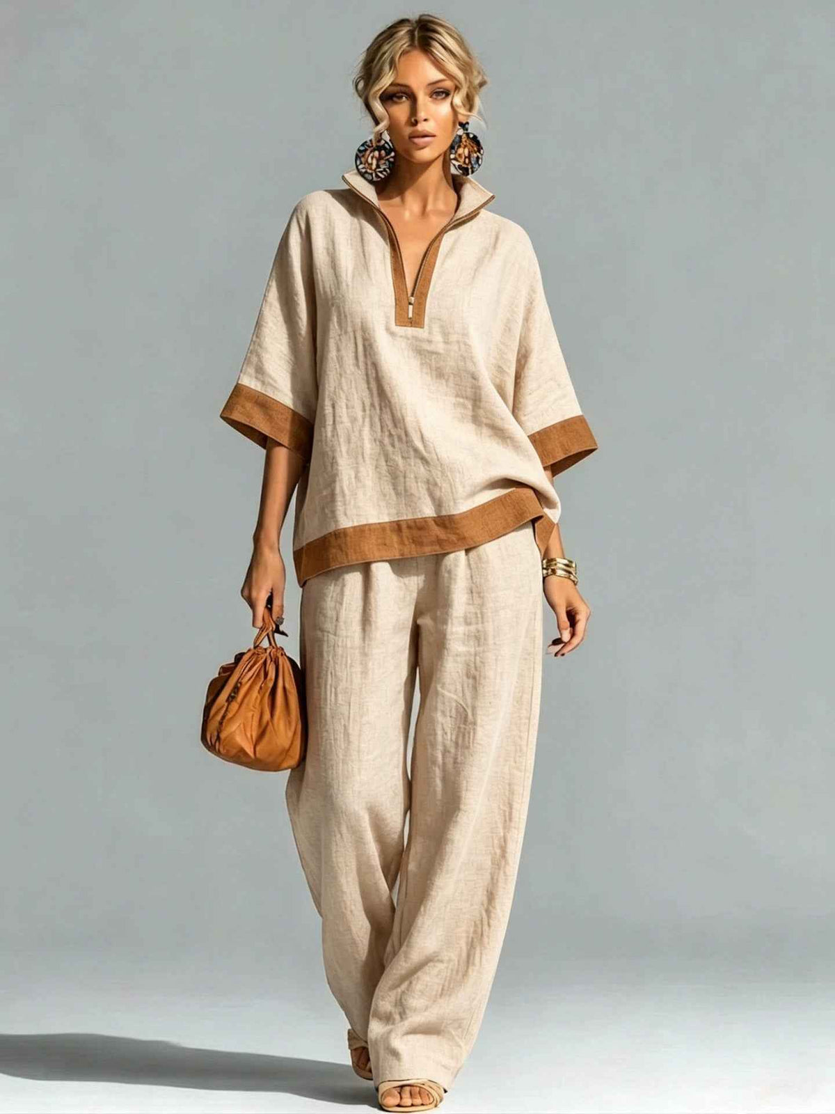 Ensemble Tendance Décontracté en Lin et Coton à Demi-Zip - Confort et Style Assurés