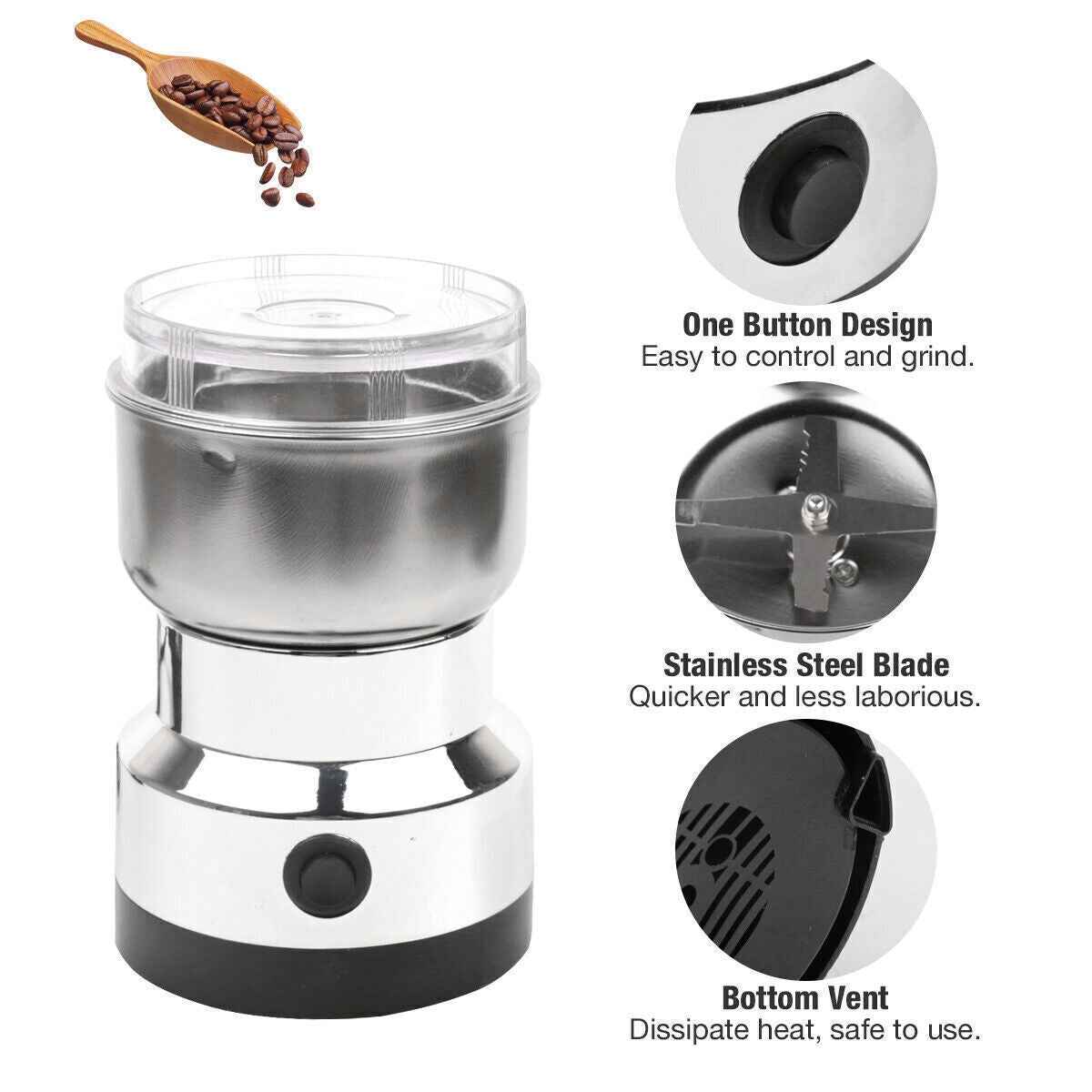 Electric Coffee Grinder For Grinding Nuts, Beans And Spices, With A Matte Blade.