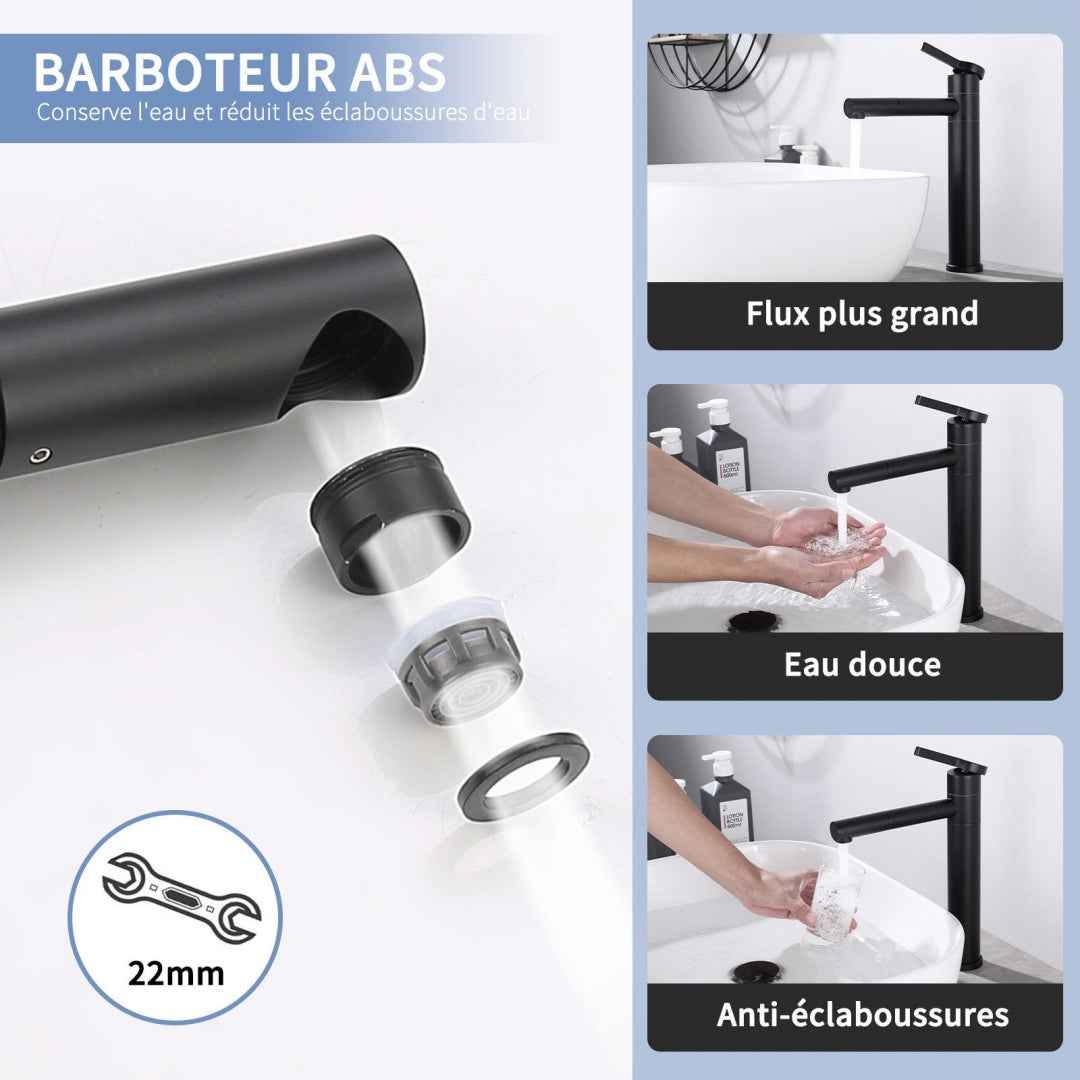 Robinet de Salle de Bain Noir Mat en Acier Inoxydable Bec Rotatif 360°