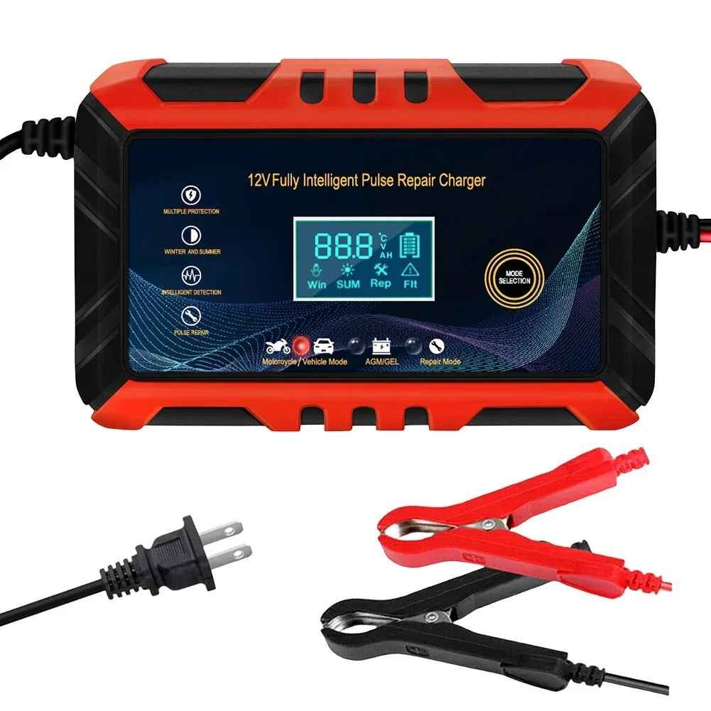 12V 6A Impuls-Reparatur-Autobatterieladegerät mit LCD-Display, intelligentem, automatischem Ladegerät für Gel-Bleiakkus und Batterien für Auto und Motorrad