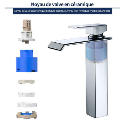 Robinet Cascade Chromé pour Salle de Bain, Bec Haut en Laiton, Mitigeur Moderne pour Vasque à Poser