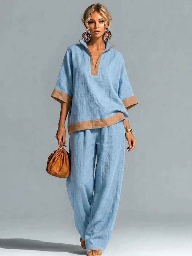 Ensemble Tendance Décontracté en Lin et Coton à Demi-Zip - Confort et Style Assurés