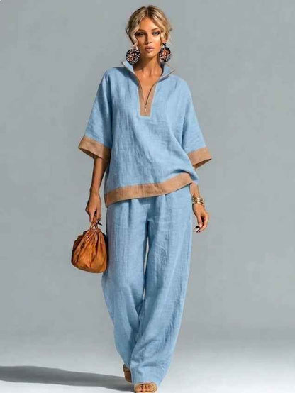 Ensemble Tendance Décontracté en Lin et Coton à Demi-Zip - Confort et Style Assurés
