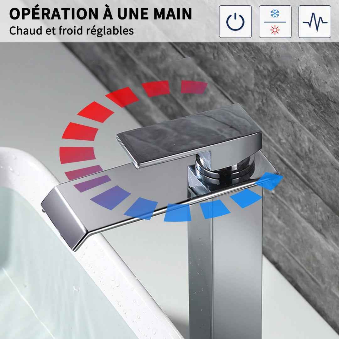 Robinet Cascade Chromé pour Salle de Bain, Bec Haut en Laiton, Mitigeur Moderne pour Vasque à Poser