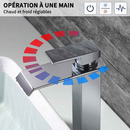 Robinet Cascade Chromé pour Salle de Bain, Bec Haut en Laiton, Mitigeur Moderne pour Vasque à Poser