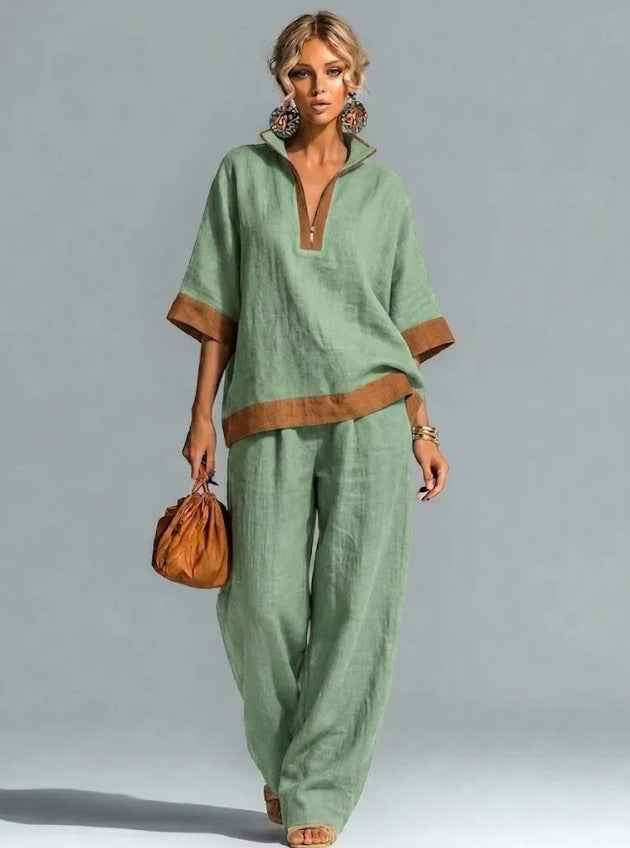 Ensemble Tendance Décontracté en Lin et Coton à Demi-Zip - Confort et Style Assurés