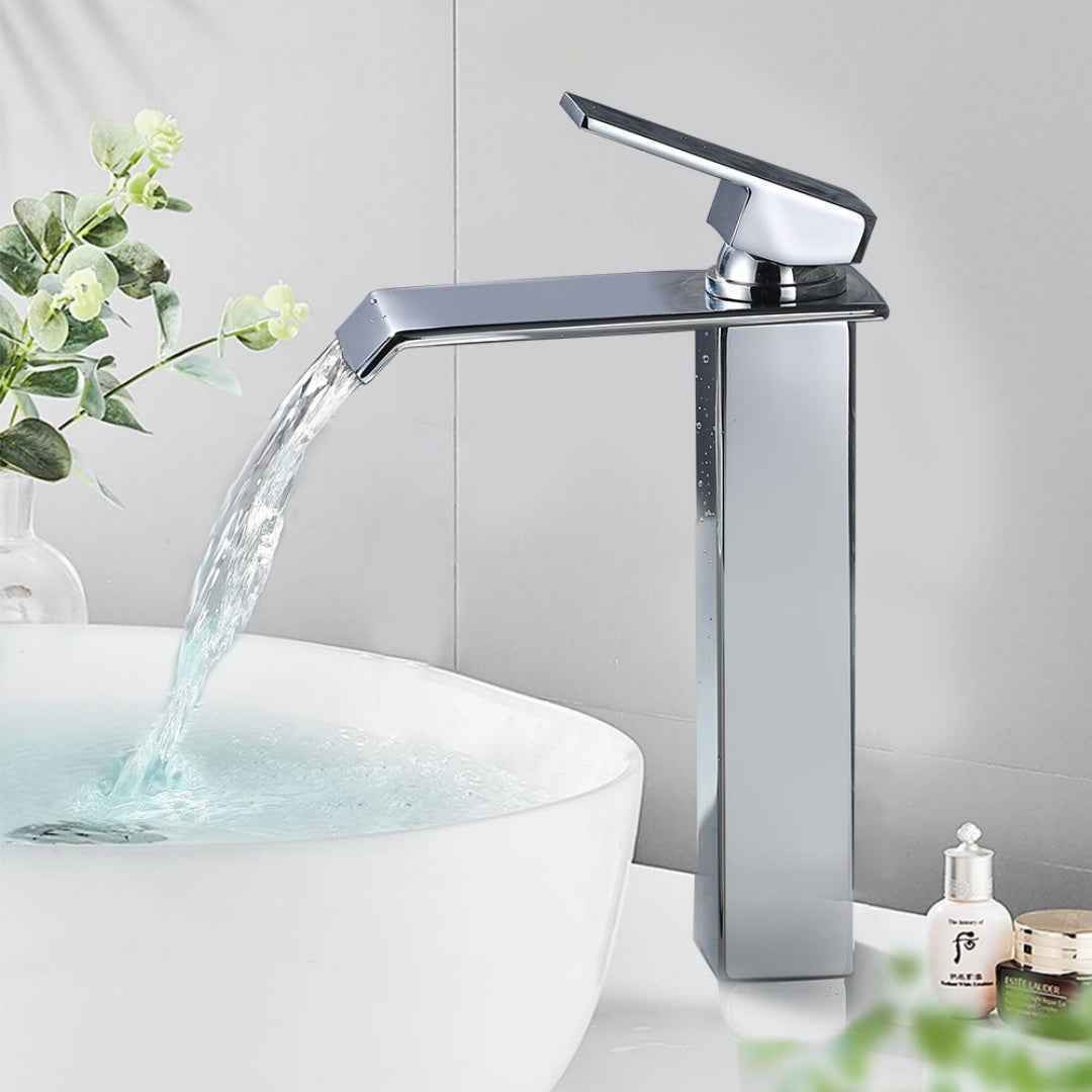 Robinet Cascade Chromé pour Salle de Bain, Bec Haut en Laiton, Mitigeur Moderne pour Vasque à Poser