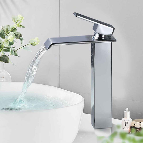 Robinet Cascade Chromé pour Salle de Bain, Bec Haut en Laiton, Mitigeur Moderne pour Vasque à Poser