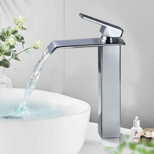 Robinet Cascade Chromé pour Salle de Bain, Bec Haut en Laiton, Mitigeur Moderne pour Vasque à Poser