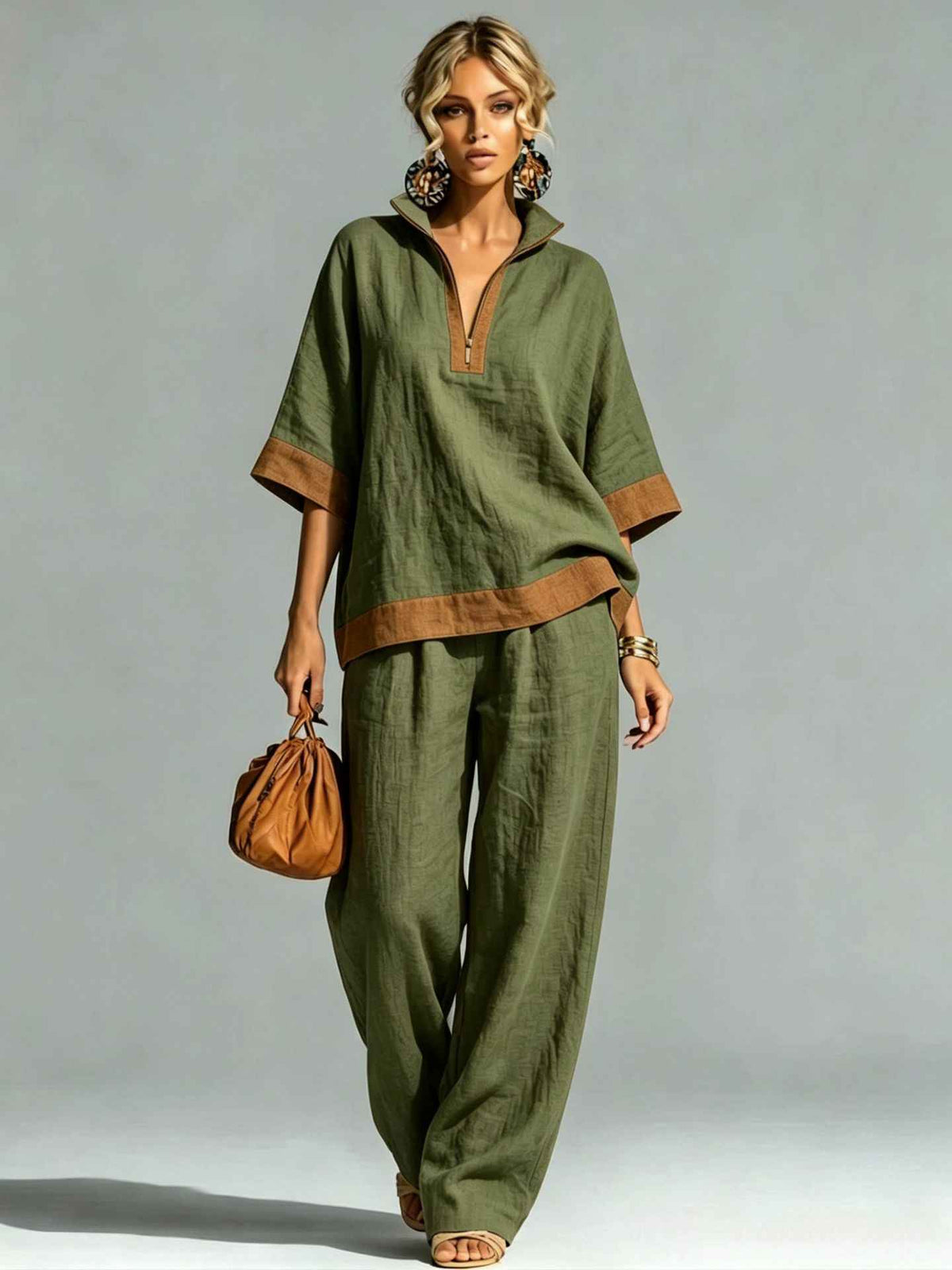 Ensemble Tendance Décontracté en Lin et Coton à Demi-Zip - Confort et Style Assurés
