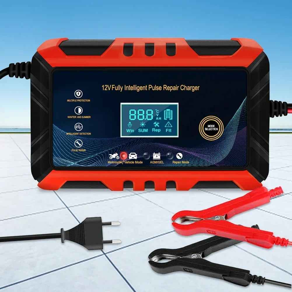 12V 6A Impuls-Reparatur-Autobatterieladegerät mit LCD-Display, intelligentem, automatischem Ladegerät für Gel-Bleiakkus und Batterien für Auto und Motorrad