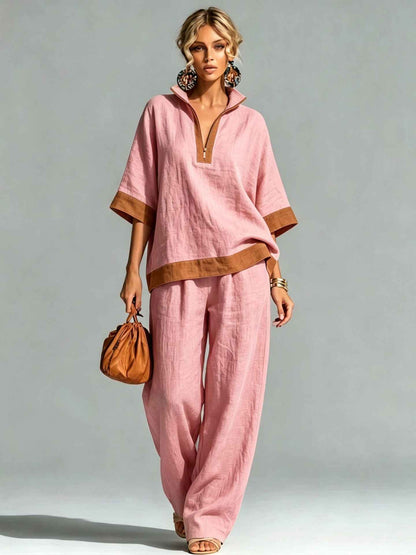 Ensemble Tendance Décontracté en Lin et Coton à Demi-Zip - Confort et Style Assurés