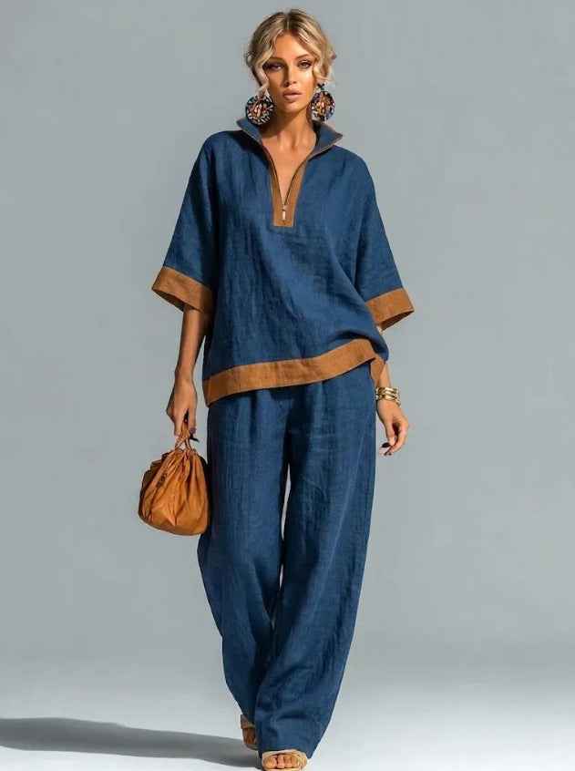 Ensemble Tendance Décontracté en Lin et Coton à Demi-Zip - Confort et Style Assurés