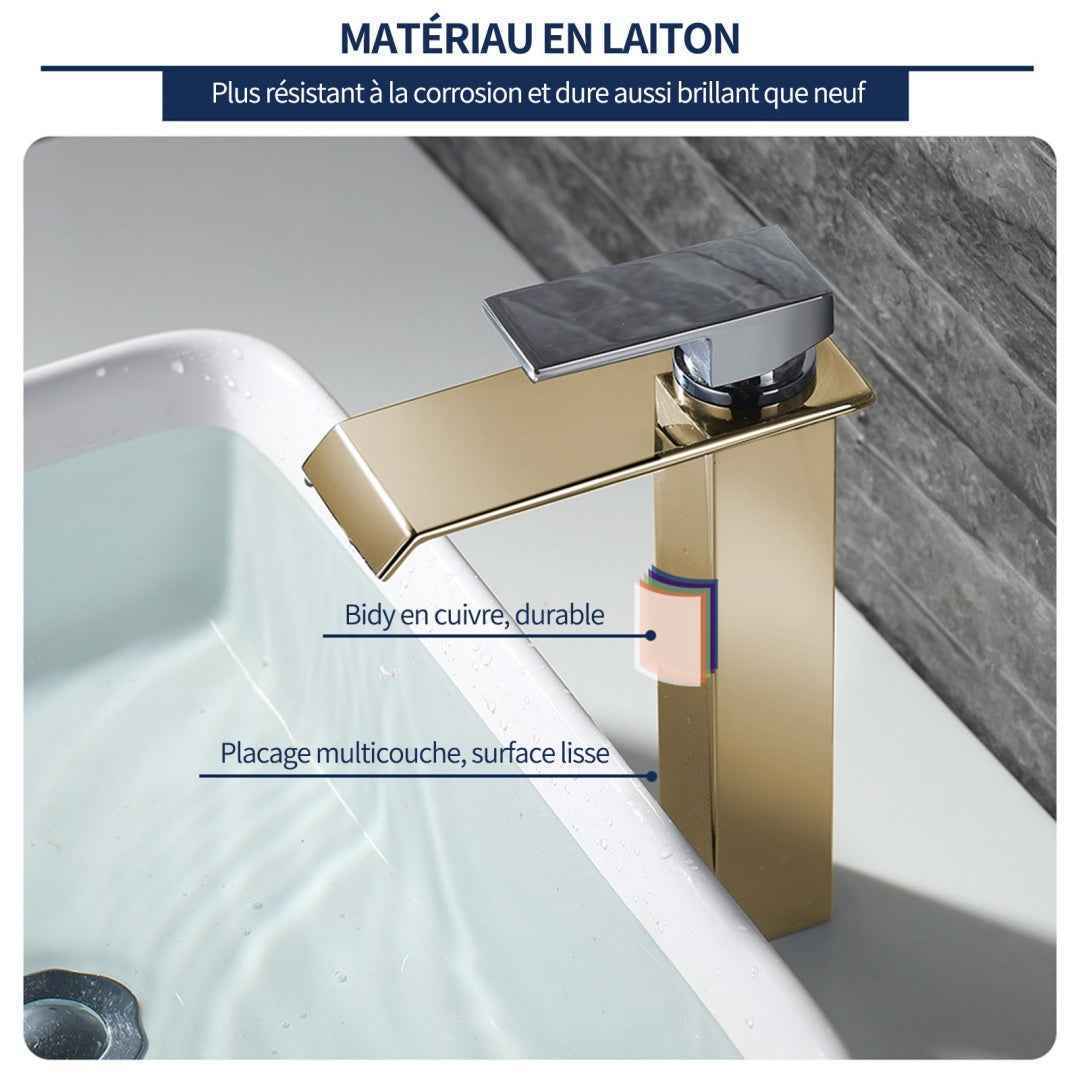 Robinet Cascade Chromé pour Salle de Bain, Bec Haut en Laiton, Mitigeur Moderne pour Vasque à Poser
